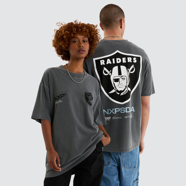 Model Wears Las Vegas Box Fit Tee  Pigment Charcoal T-Shirts in Grey - Image 3
