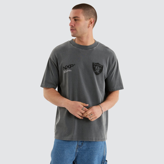 Model Wears Las Vegas Box Fit Tee  Pigment Charcoal T-Shirts in Grey - Image 4