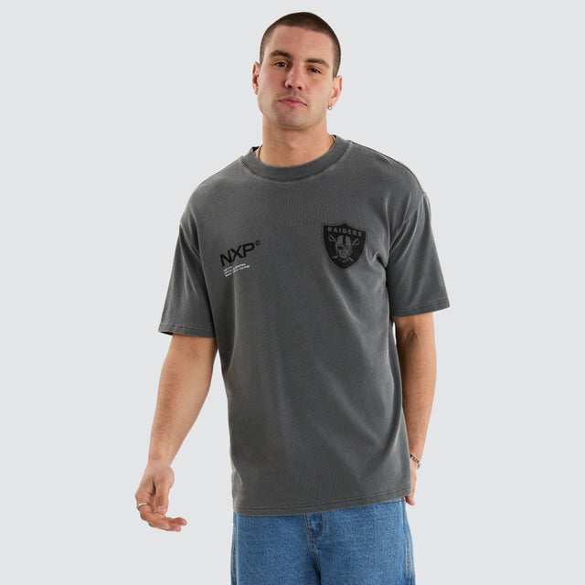 Model Wears Las Vegas Box Fit Tee  Pigment Charcoal T-Shirts in Grey - Image 1