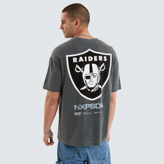 Model Wears Las Vegas Box Fit Tee  Pigment Charcoal T-Shirts in Grey - Image 5