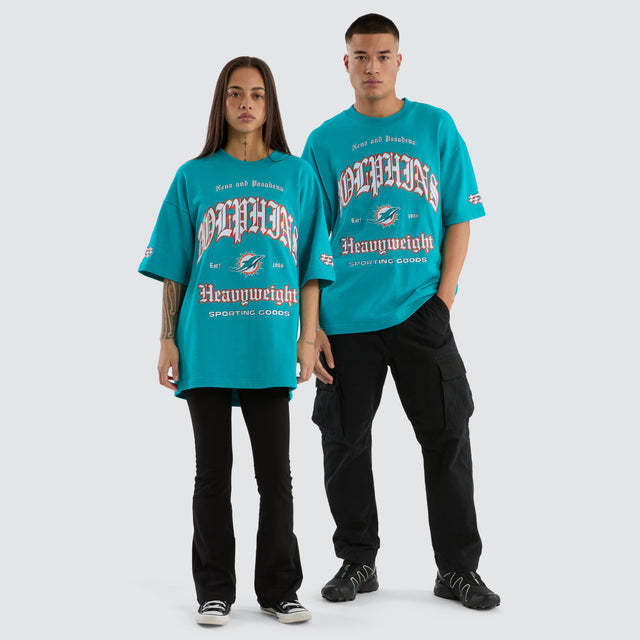 Model wears Miami Dolphins Coach Tee Aqua T-Shirts in Green - Image 3