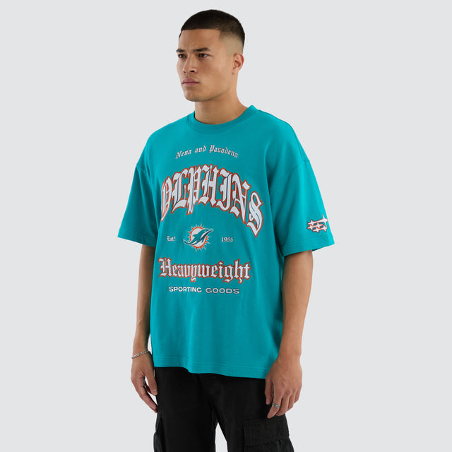 Model wears Miami Dolphins Coach Tee Aqua T-Shirts in Green - Image 5
