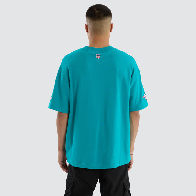 Model wears Miami Dolphins Coach Tee Aqua T-Shirts in Green - Image 6