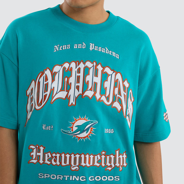 Model wears Miami Dolphins Coach Tee Aqua T-Shirts in Green - Image 4