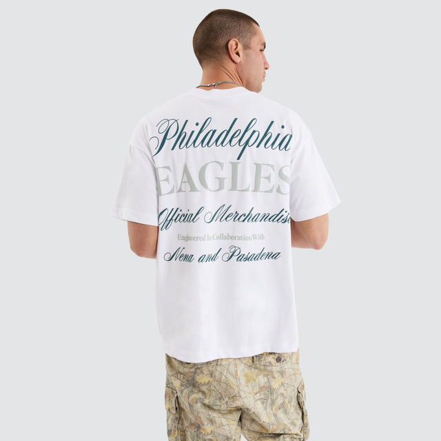 Model Wears Philadelphia Eagles NFL Raptor Tee White T-Shirts in White - Image 1