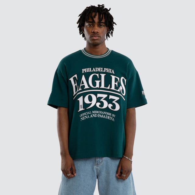 Model wears Philadelphia Eagles Game Tee Midnight Green T-Shirts in Green - Image 4