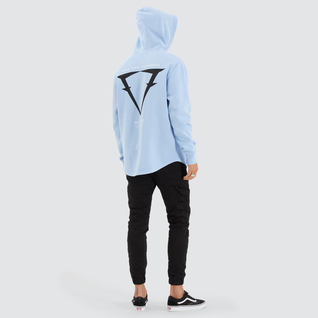 Model Wears Data Dual Curved Hoodie Pigment Placid Blue Hoodies in Blue - Image 5