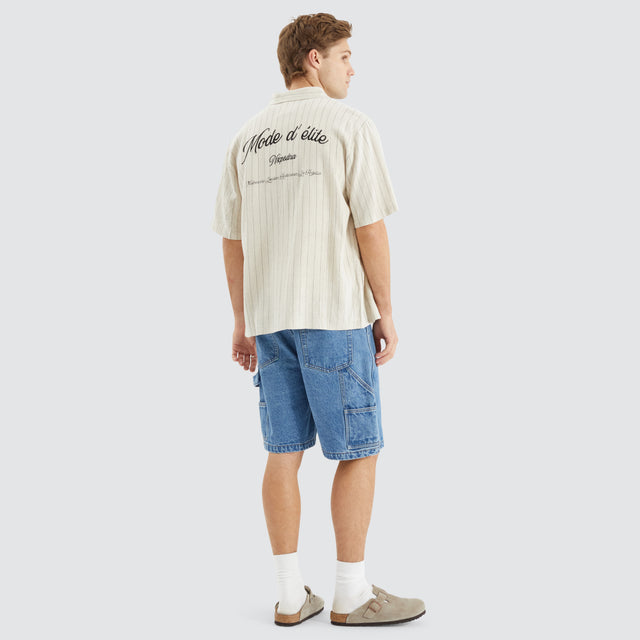 Model Wears High Life Skate Shirt Oatmeal/Black Stripe Short Sleeve Shirts in Black - Image 5