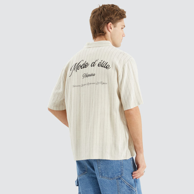 Model Wears High Life Skate Shirt Oatmeal/Black Stripe Short Sleeve Shirts in Black - Image 1
