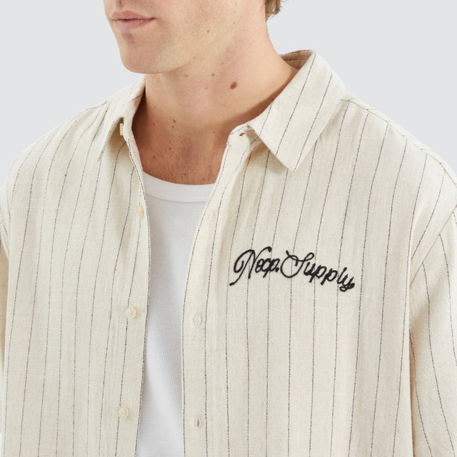 Model Wears High Life Skate Shirt Oatmeal/Black Stripe Short Sleeve Shirts in Black - Image 3
