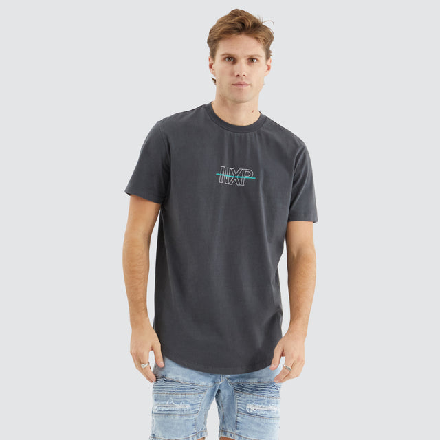 Model Wears Pavement Dual Curved Tee Pigment Asphalt T-Shirts in Grey - Image 1