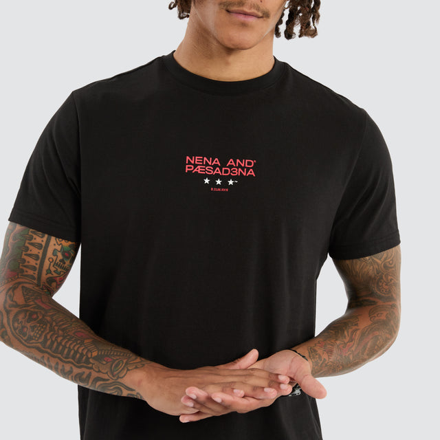 Model Wears Vector Dual Curved Tee Jet Black T-Shirts in Black - Image 5