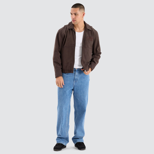 Model Wears Perche Worker Jacket Pigment Brown Jackets in Brown - Image 2