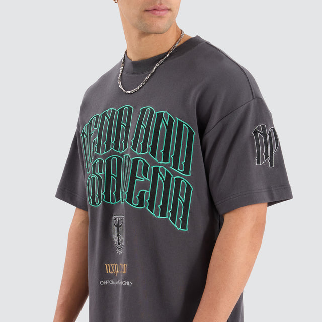 Model Wears Maverick Loopback Raptor Tee Asphalt T-Shirts in Grey - Image 5