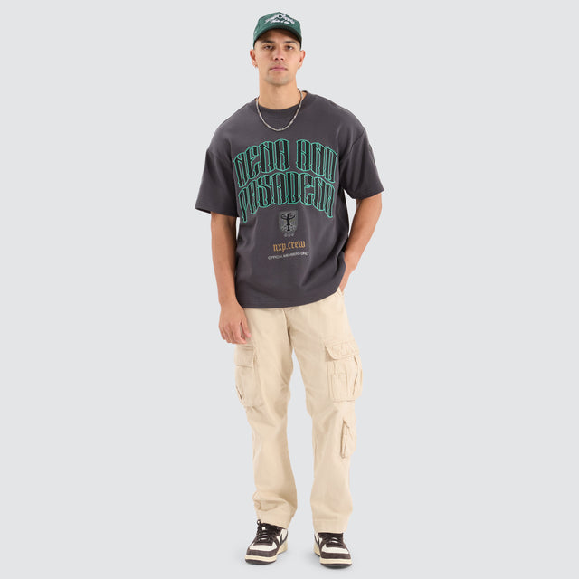 Model Wears Maverick Loopback Raptor Tee Asphalt T-Shirts in Grey - Image 6