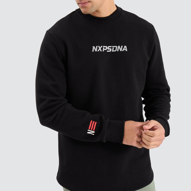 Model Wears Native Dual Curved Sweater Jet Black/Asphalt Jumpers in Black - Image 5
