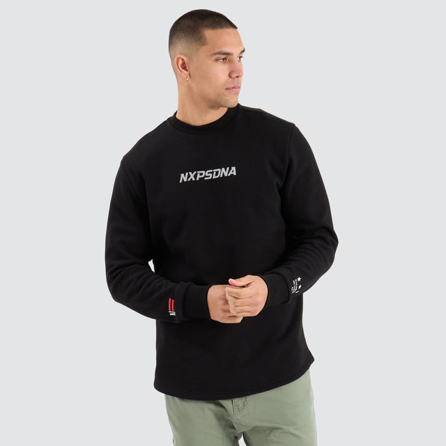 Model Wears Native Dual Curved Sweater Jet Black/Asphalt Jumpers in Black - Image 6