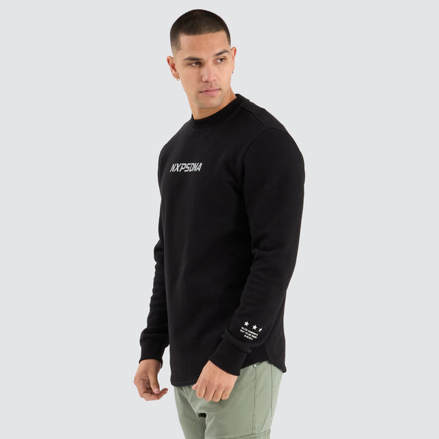 Model Wears Native Dual Curved Sweater Jet Black/Asphalt Jumpers in Black - Image 3