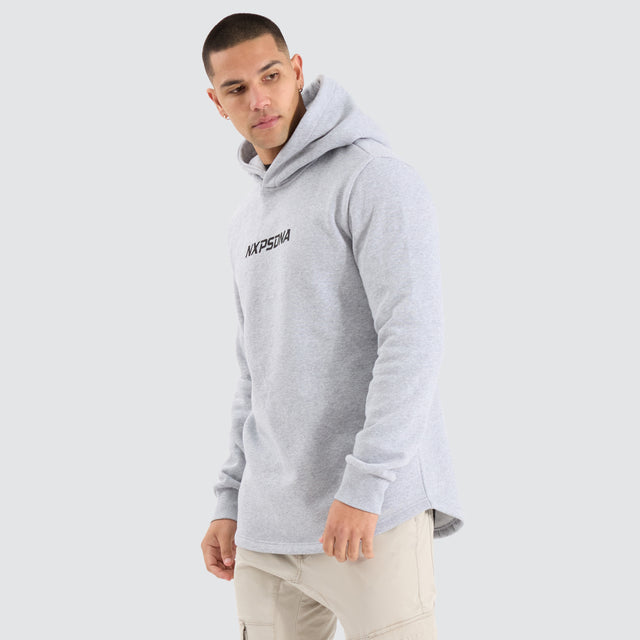 Model Wears Centaur Dual Curved Hoodie Grey Marle Hoodies in Grey - Image 4