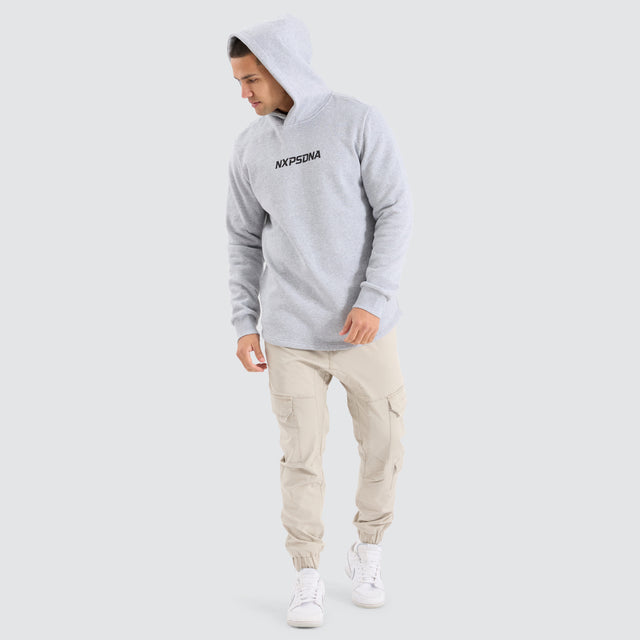 Model Wears Centaur Dual Curved Hoodie Grey Marle Hoodies in Grey - Image 3