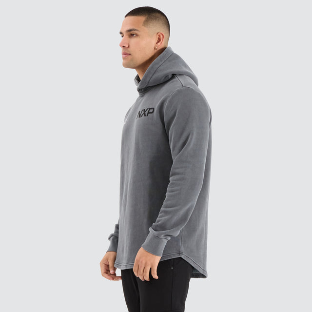 Model Wears Duster Dual Curved Hoodie Pigment Charcoal Hoodies in Grey - Image 4