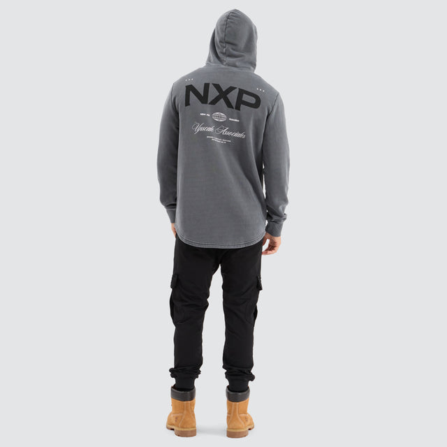 Model Wears Duster Dual Curved Hoodie Pigment Charcoal Hoodies in Grey - Image 5