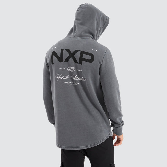 Model Wears Duster Dual Curved Hoodie Pigment Charcoal Hoodies in Grey - Image 1