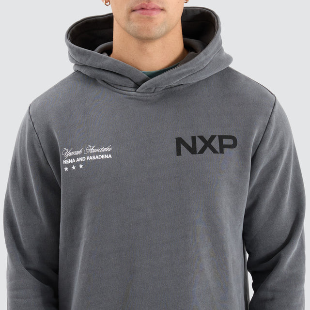 Model Wears Duster Dual Curved Hoodie Pigment Charcoal Hoodies in Grey - Image 6
