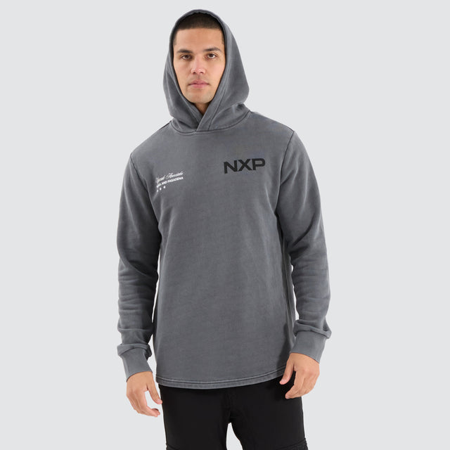 Model Wears Duster Dual Curved Hoodie Pigment Charcoal Hoodies in Grey - Image 7