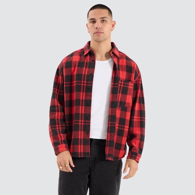 Model Wears Mare Dropped Shoulder Long Sleeve Shirt Black/Red Check Long Sleeve Shirts in Black - Image 1
