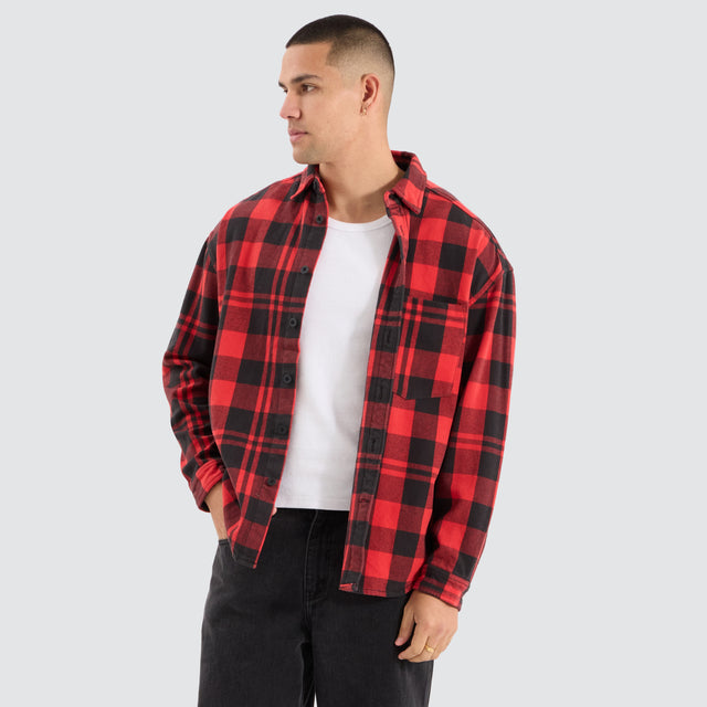 Model Wears Mare Dropped Shoulder Long Sleeve Shirt Black/Red Check Long Sleeve Shirts in Black - Image 2