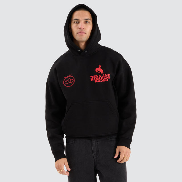 Model Wears Rodeo Box Fit Hoodie Jet Black Hoodies in Black - Image 2