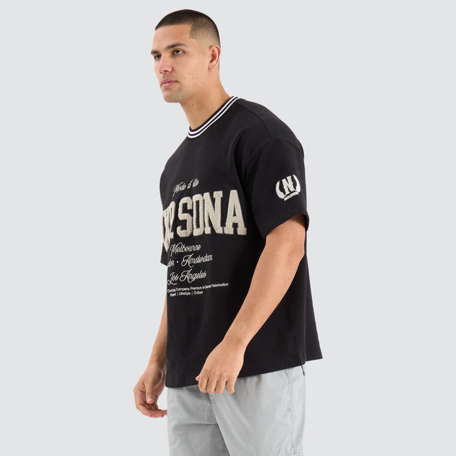 Model Wears Ante Loopback Raptor Tee Jet Black T-Shirts in Black - Image 2