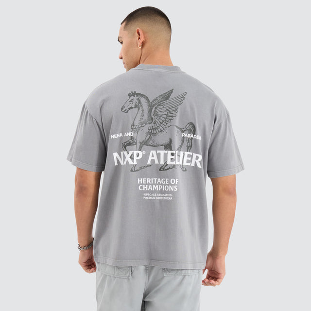 Model Wears Heritage Raptor Tee Pigment Neutral Grey T-Shirts in Grey - Image 1