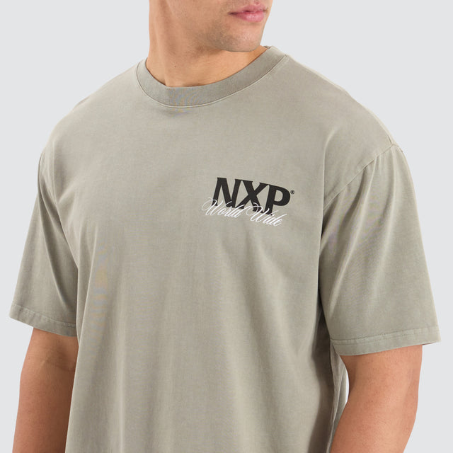 Model Wears Mirage Box Fit Tee Pigment Shadow T-Shirts in Green - Image 2