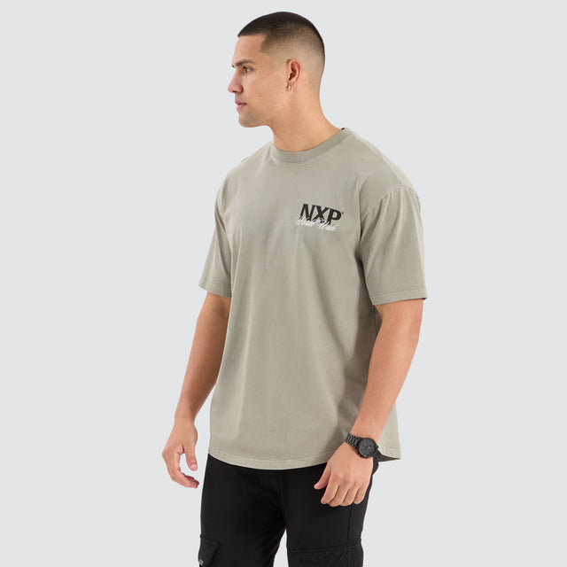 Model Wears Mirage Box Fit Tee Pigment Shadow T-Shirts in Green - Image 3