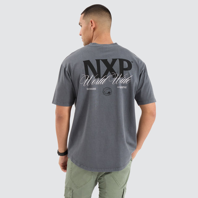 Model Wears Mirage Box Fit Tee Pigment Charcoal T-Shirts in Grey - Image 1