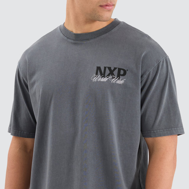 Model Wears Mirage Box Fit Tee Pigment Charcoal T-Shirts in Grey - Image 2