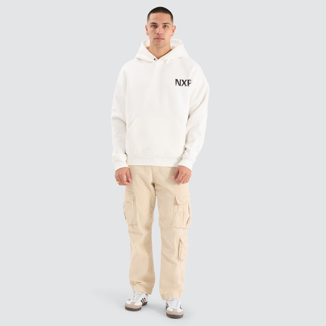 Model Wears Dexter Box Fit Hoodie Natural White Hoodies in White - Image 2
