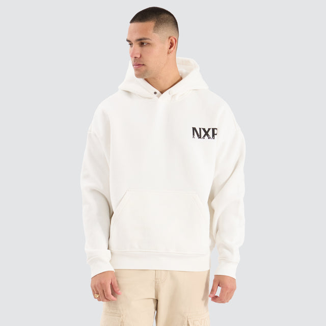 Model Wears Dexter Box Fit Hoodie Natural White Hoodies in White - Image 3