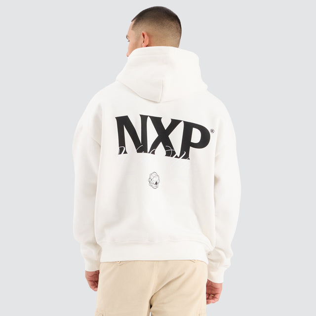 Model Wears Dexter Box Fit Hoodie Natural White Hoodies in White - Image 1