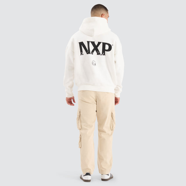 Model Wears Dexter Box Fit Hoodie Natural White Hoodies in White - Image 5