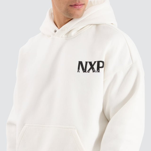 Model Wears Dexter Box Fit Hoodie Natural White Hoodies in White - Image 4