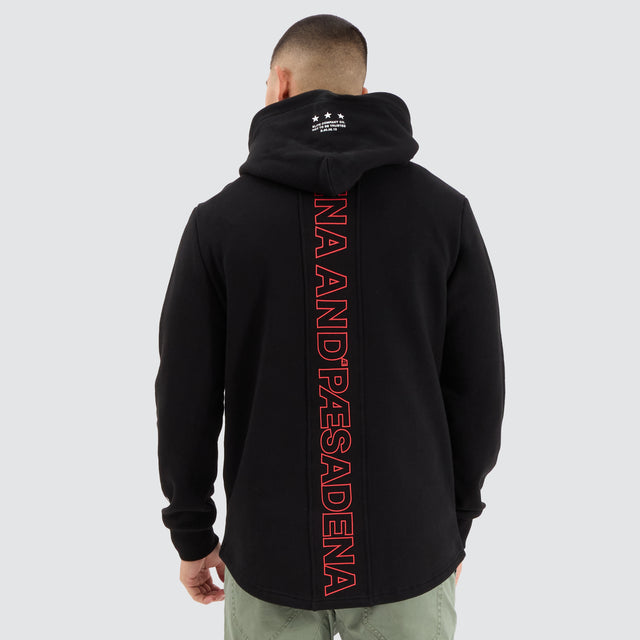 Model Wears Risk Dual Curved Hoodie Jet Black Hoodies in Black - Image 3