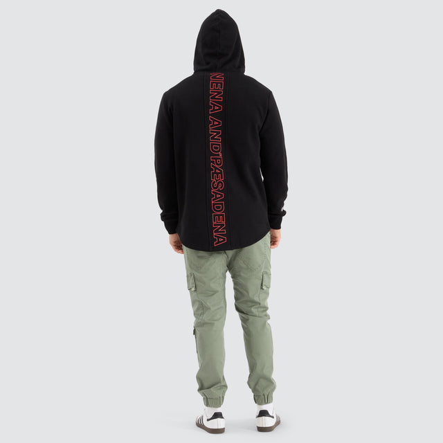 Model Wears Risk Dual Curved Hoodie Jet Black Hoodies in Black - Image 4