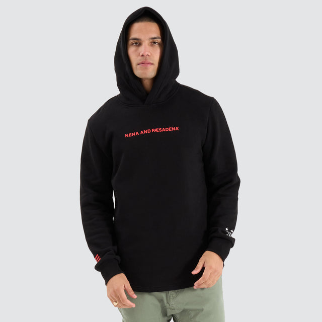 Model Wears Risk Dual Curved Hoodie Jet Black Hoodies in Black - Image 2