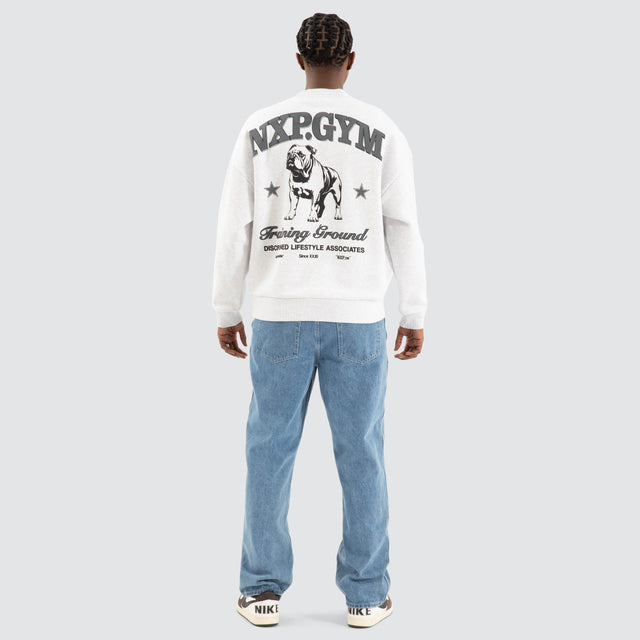 Model Wears Brawler Box Fit Sweater Snow Marle Grey Jumpers in Grey - Image 4