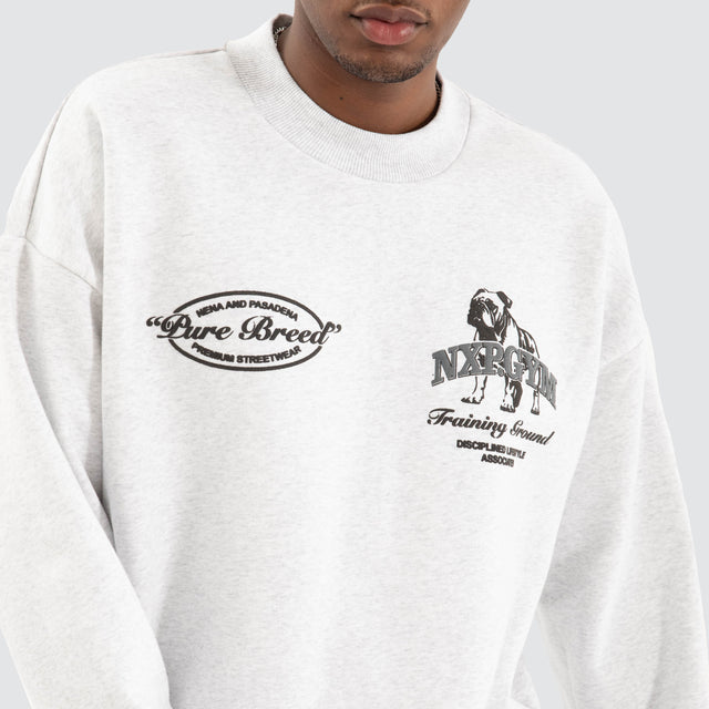 Model Wears Brawler Box Fit Sweater Snow Marle Grey Jumpers in Grey - Image 5