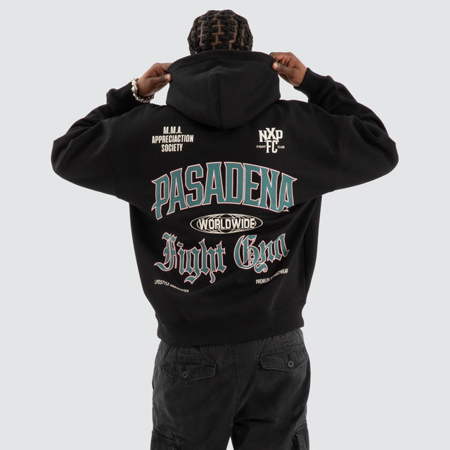 Model Wears Battle Box Fit Hoodie Jet black Hoodies in Black - Image 3