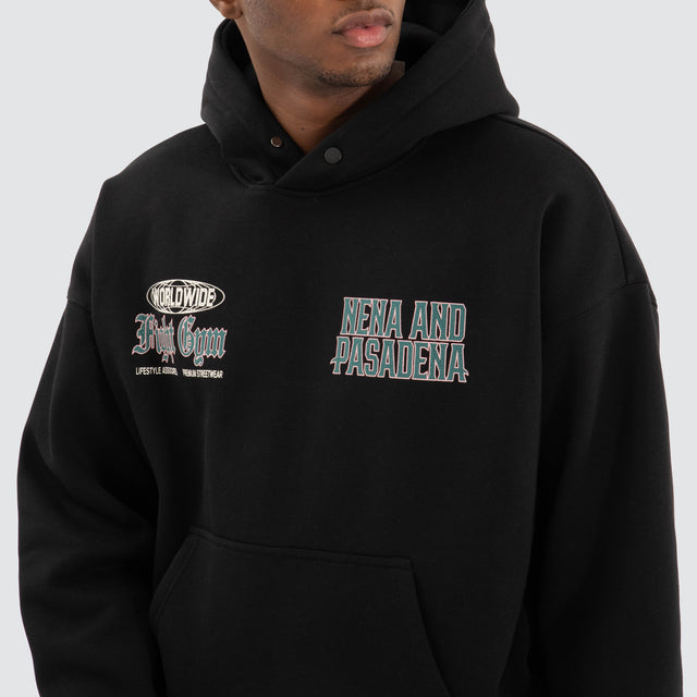Model Wears Battle Box Fit Hoodie Jet black Hoodies in Black - Image 5